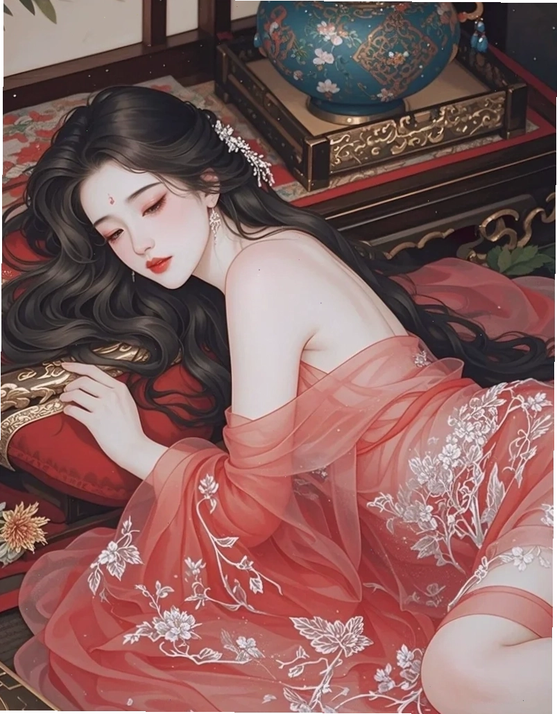 Ảnh anime nữ cổ trang Trung Quốc với trang phục lụa đỏ và mái tóc búi cao sang trọng