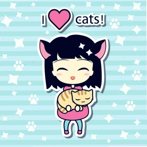 Anime chibi cute girl đang ôm một chú mèo con