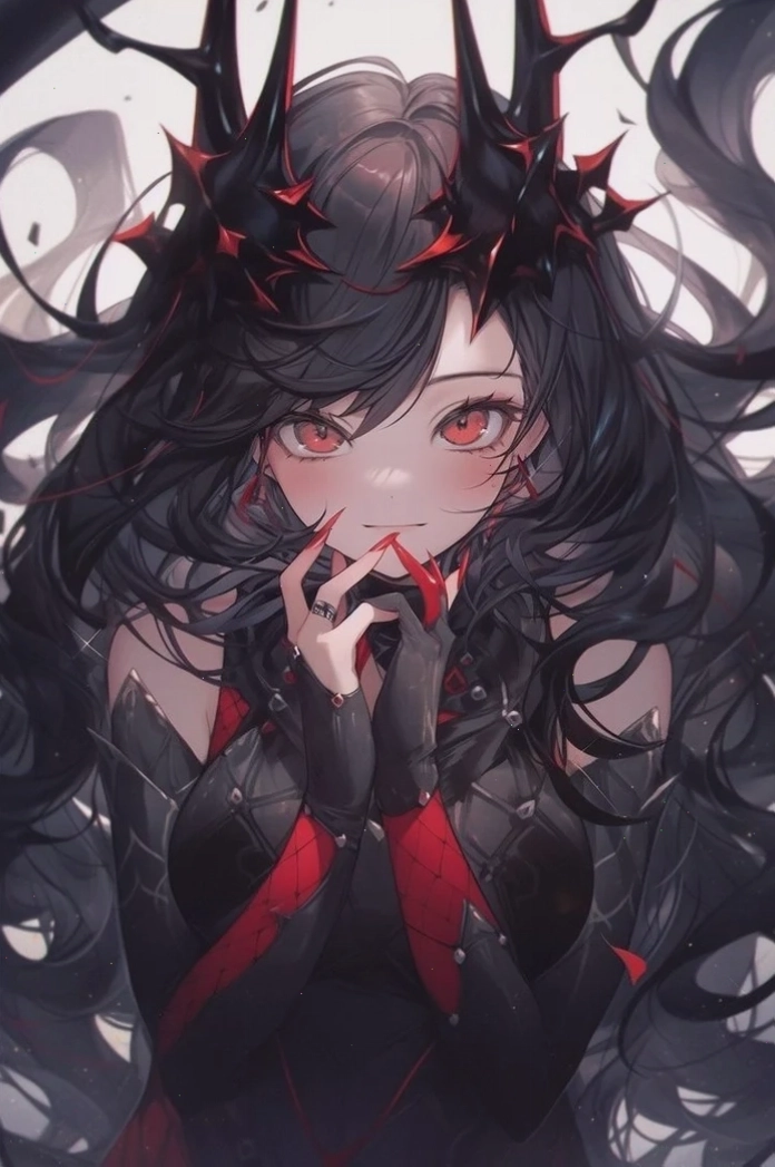 Avatar ác quỷ nữ xinh đẹp lạnh lùng với mái tóc đen dài và trang phục gothic