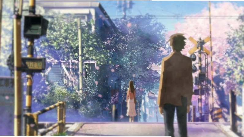 Cảnh phim 5 Centimeters Per Second với hình ảnh tàu hỏa và hai nhân vật