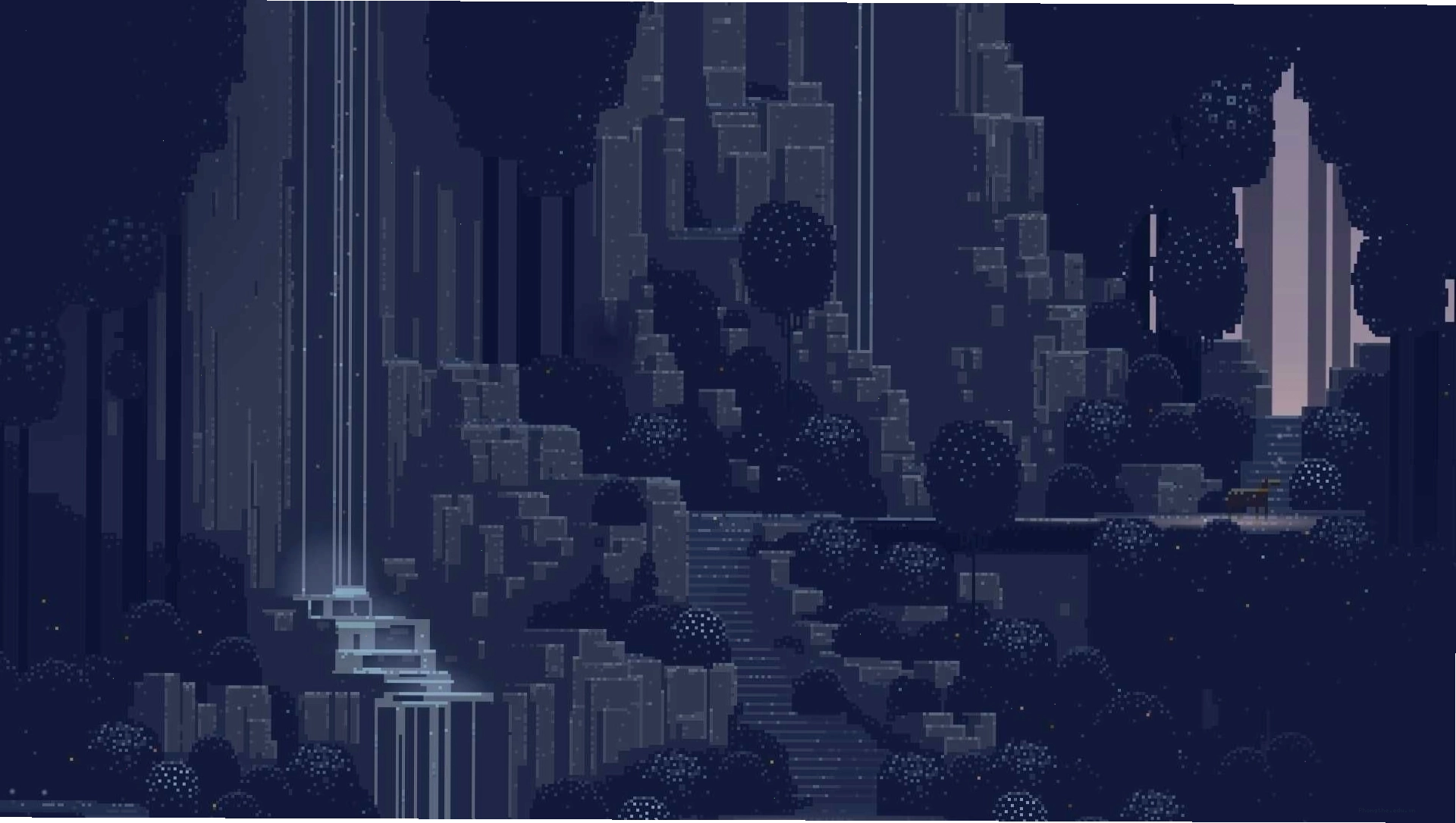 Cảnh quan thành phố pixel art anime về đêm lung linh