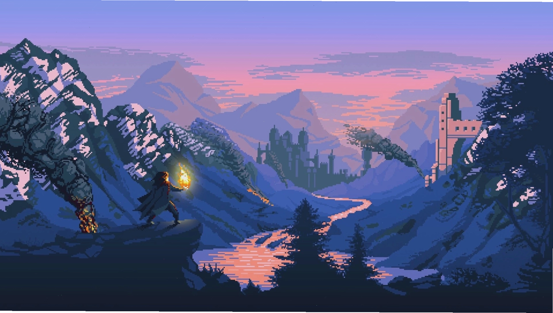 Cảnh vật và nhân vật trong thế giới pixel art anime