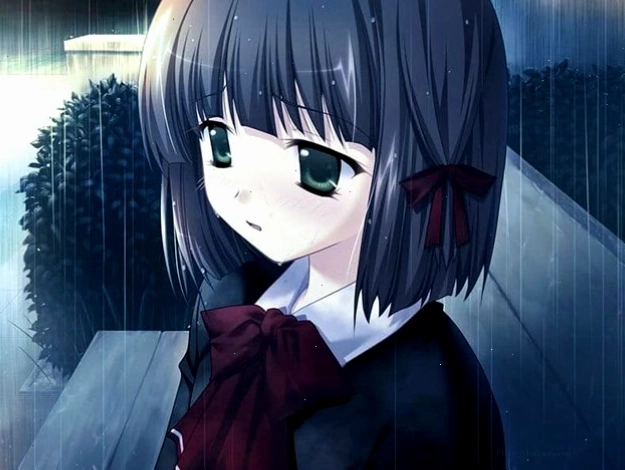 Cô gái anime buồn lặng lẽ khóc trong mưa