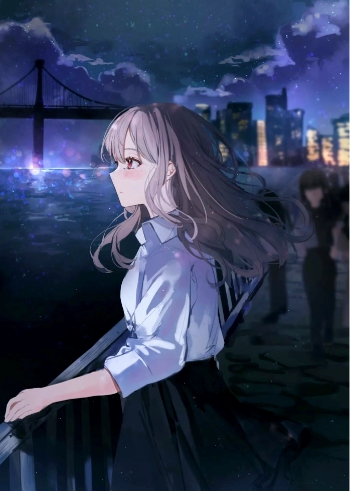 Cô gái xinh anime buồn nhìn bầu trời đêm
