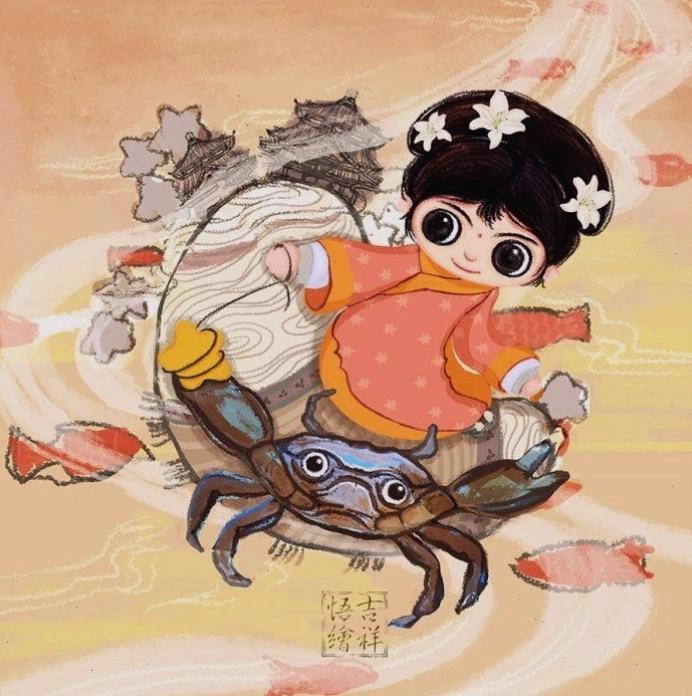 Hình ảnh anime cô gái cung Cự Giải với vẻ mặt hiền hậu và đôi mắt sâu lắng
