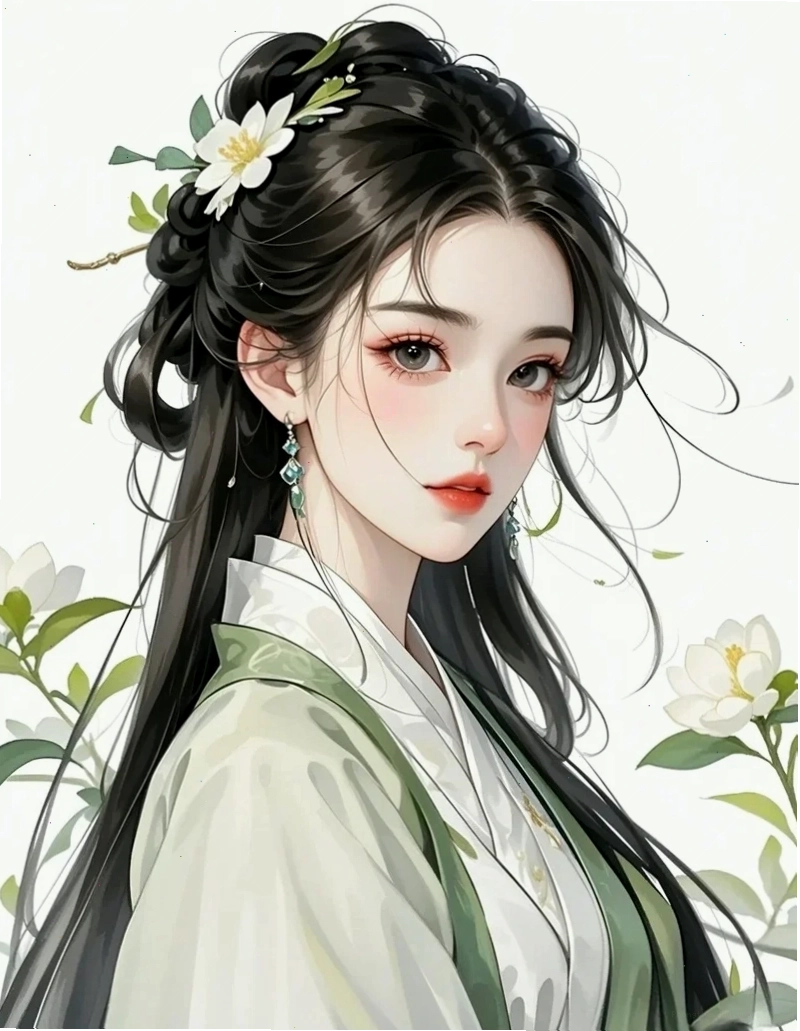 Hình anime nữ cổ trang Trung Quốc dịu dàng trong trang phục màu xanh nhạt