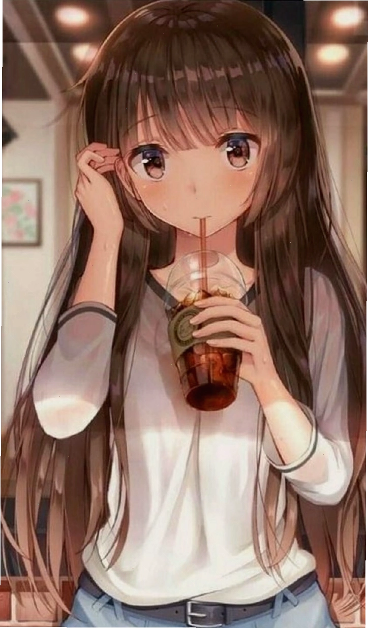 Hình nền anime nữ uống trà sữa cực dễ thương