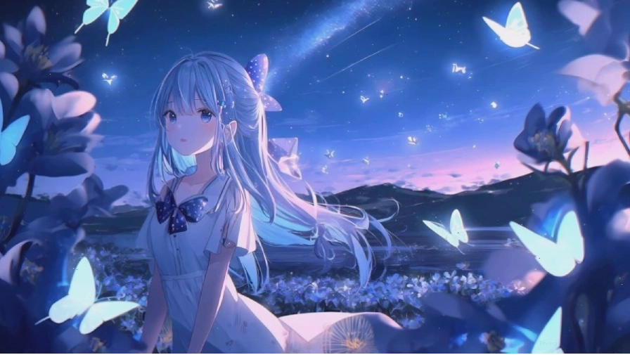 Hình nền máy tính anime phong cảnh với bầu trời đầy sao