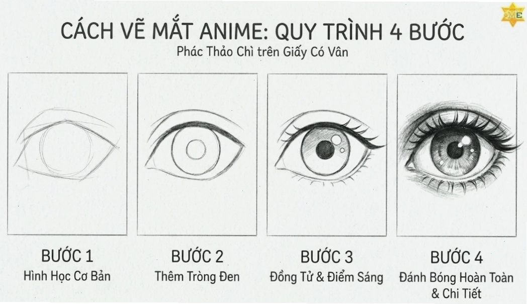 Minh họa các bước cơ bản để học vẽ mắt anime
