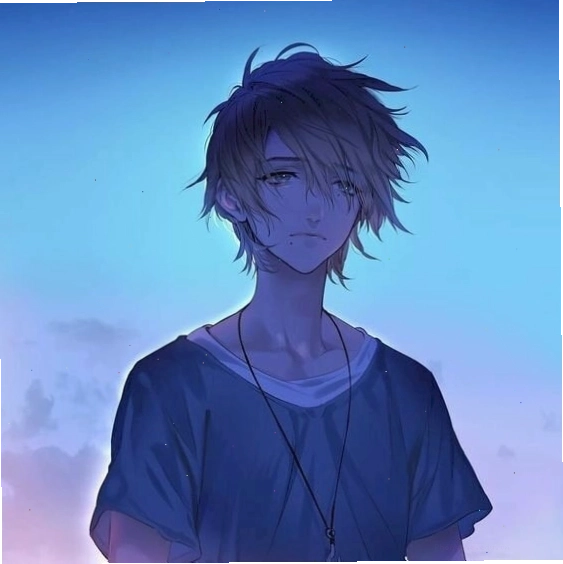 Nhân vật anime nam với ánh mắt buồn và biểu cảm suy tư