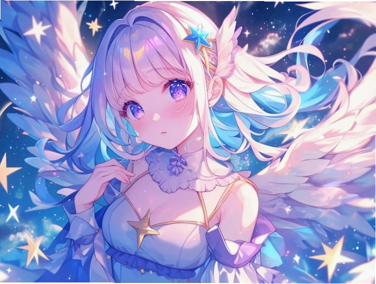 Bright anime angel girl with white feathers