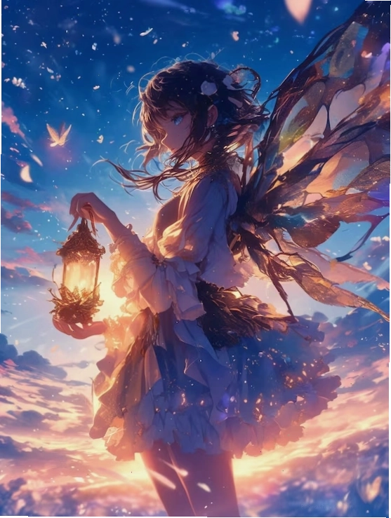 Cute anime fairy girl with translucent wings