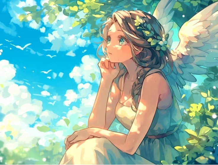 Radiant anime girl with large angel wings